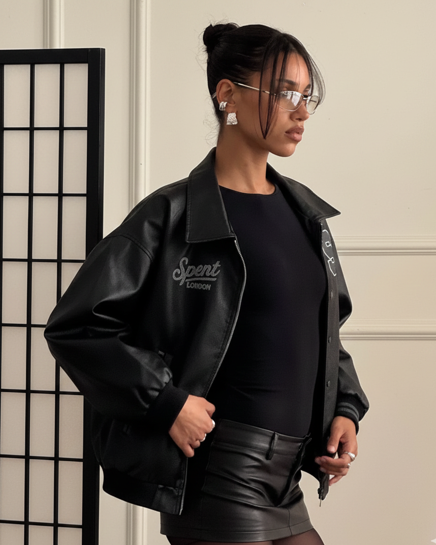 Black Polo leather Bomber Jacket