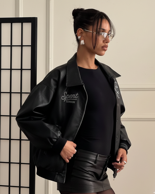 Black Polo leather Bomber Jacket