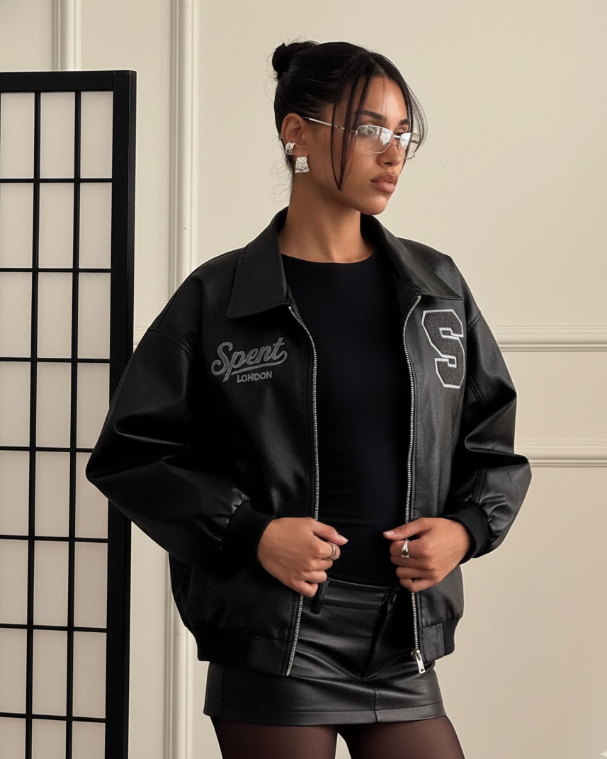 Black Polo leather Bomber Jacket